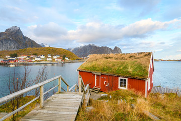 Fototapeta premium norwegian red cottages at lofoten islands