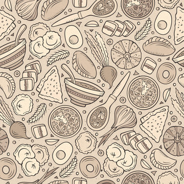 Cartoon hand-drawn Russian food seamless pattern