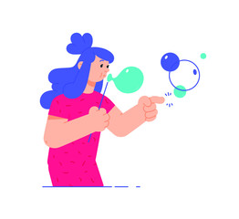 Illustration of a girl with soap bubbles. Vector. A woman in a pink dress makes dreams come true. Chatting, metaphor. Women's talk and gossip. Cute girlish look.