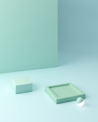 Minimal scene with corner podium and abstract background. Geometric shape. Blue and green pastel colors scene. Minimal 3d rendering. Scene with geometrical forms and blue background. 3d render. 