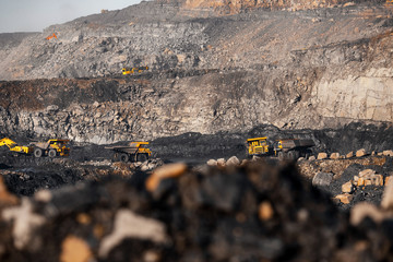 Open pit mine industry, big yellow mining truck for coal anthracite
