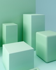 Obraz premium Minimal scene with corner podium and abstract background. Geometric shape. Blue and green pastel colors scene. Minimal 3d rendering. Scene with geometrical forms and blue background. 3d render. 