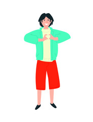 Illustration of a guy showing a heart on his fingers. Vector. A young boy experiences feelings of love for the world around him. Flat style. Image isolated on a white background. Demonstration of emot