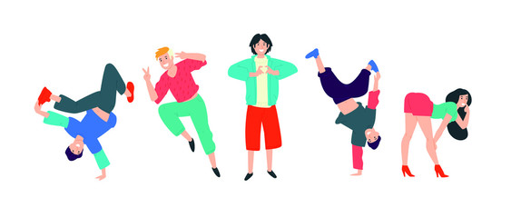 Young dancing people. Vector. Young people have fun and come off to the fullest. The girl is flirting. A young man shows a heart. Guys dance brekdans. Movement and dance is life.