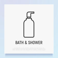 Bath and shower treatments: bottle with dispenser and plastic tube. Shower gel, liquid soap. Thin line icon. Modern vector illustration for beauty shop.