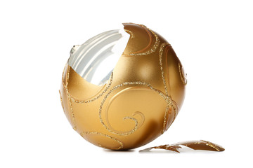 Broken christmas ball on white background