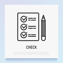 Checklist approved and pencil. Thin line icon of voting, exam, survey. Modern vector illustration.
