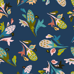 Modern seamless vector botanical with flower on a dark background. Can be used for printing on paper, stickers, badges, bijouterie, cards, textiles. 