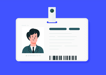 Plastic man identification cards. Vector. Car driver license isolated on a blue background. Flat cartoon style. Student, corporate pass.