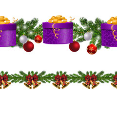 Christmas decorations with fir tree and decorations seamless border