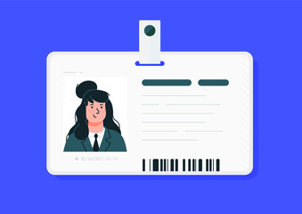 Plastic woman id cards. Vector. Car driver license isolated on a blue background. Flat cartoon style. Student, corporate pass.