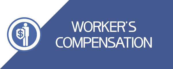 Worker`s compensation. Poster with a man, a symbolic image of a financial sign on a shield and text. - 302049675