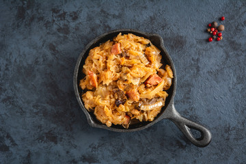 Bigos-traditional Polish dish of chopped sauerkraut and fresh cabbage with meat, mushrooms, and sausage.The dish is also traditional for Belarusian, Ukrainian and Lithuanian cuisine