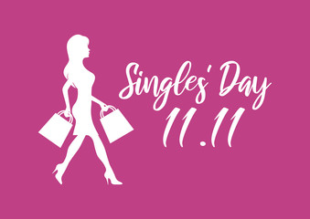 Obraz na płótnie Canvas Singles' Day with silhouette shopping girl vector. Silhouette woman holding shopping bags vector. Number 11.11 vector. Shopping woman pink icon. Singles Day Poster, November 11. Shopping holiday icon
