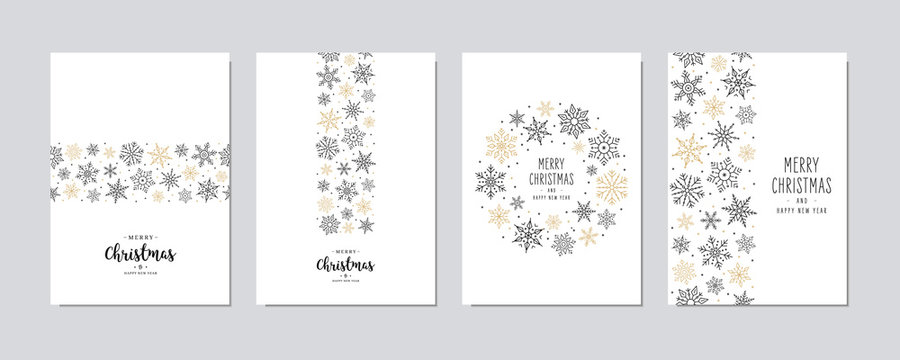 Merry Christmas modern elegant card set with snowflakes greetings and on white background