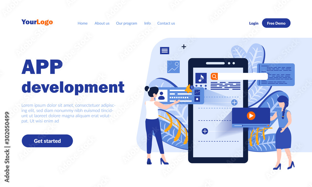 Poster Mobile app development vector landing page template with header. Application programming web banner, homepage design with flat illustrations. Modern microcircuit system. Software concept
