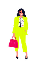 Illustration of a cute girl in a yellow suit. Vector. Woman shopper shopper with purchases. Casual style of dress. Flat style. Image is isolated on a white background.