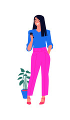 Illustration of a cute girl in a blue blouse and pink pants. Vector. Woman with a telephone. Casual style of dress. Flat style. Image is isolated on a white background.