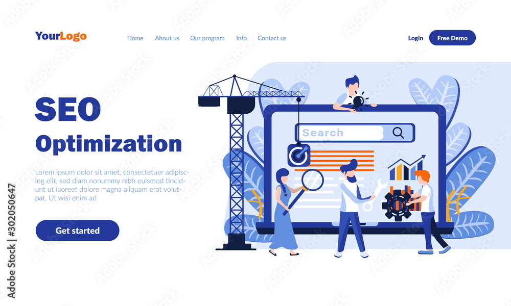 Poster seo optimization flat landing page template with header. business promotion strategy building web ba