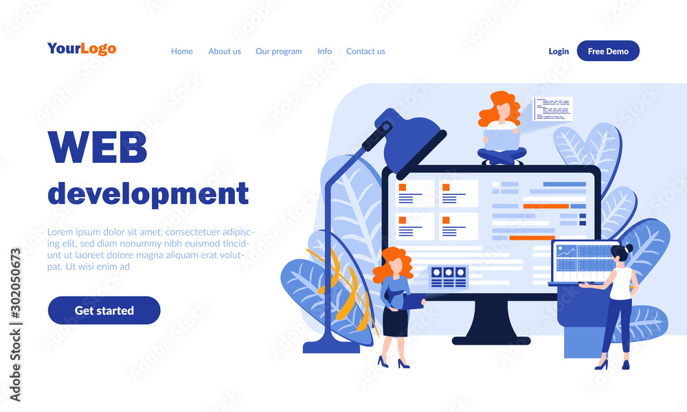Poster web development vector landing page template with header. online business web banner, homepage desig