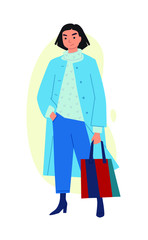 Illustration of a cute girl. Vector. Woman shopper shopper with purchases. Casual style of dress. Flat style. Image is isolated on a white background.