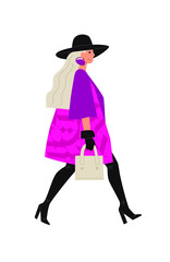 Illustration of a bright girl in a black hat. Vector. Glamorous image of a lady in pink. Flat style.