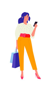 Illustration of a cute fashionable girl with a phone. Vector. Woman shopper, shopaholic. Girl chatting on the phone. Flat style.