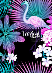 Obraz premium Background, party invitation, cover with text box with tropical plants, flowers and birds in neon, fluorescent colors. Vector illustration. Isolated on black background.