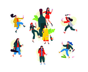 Illustration of dancing girls around a bottle of wine. Vector. Women celebrate the holiday, have fun and relax. Party all night long March 8th. Slightly drunken ladies, without complexes. Women's Day.