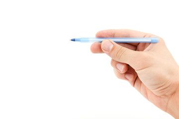 man's hand is holding a pen on a white background with copy space.