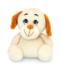 Cute dog doll isolated on white background with shadow reflection. Playful bright brown dog sitting on white underlay. Puppy plush stuffed puppet toy.