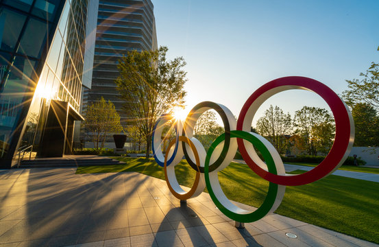 TOKYO, JAPAN - November 1,2019 : The five ring symbol of the Olympic Games at tokyo museum with sun light and flare. Japan will host the Tokyo 2020 summer olympics and Paralympic.