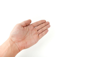 man's hand shows something with his palm isolated on white background with copy space