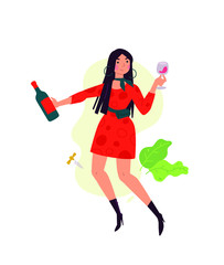 Illustration of a girl in a dress with a glass of wine. Vector. A woman celebrates a holiday, drinks wine and dances. Rest and party. Fun all night. A little bit drunk lady, without complexes. 