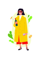 Illustrations of a girl with a glass of wine and a bottle in a yellow cloak. Vector. The woman celebrated the holiday. Having fun all night on the fly. The party was a success. A bit drunk lady. Flat 