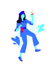 Illustrations of a girl with a glass and a bottle of wine. Vector. A woman celebrates a holiday, drinks wine. Rest and party. Fun and parties. A slightly drunk lady. Flat style. Image in blue.
