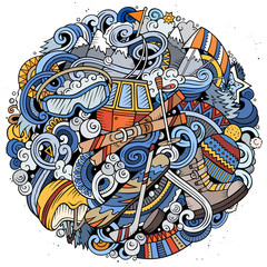 Winter Sports hand drawn doodles illustration. Ski resort poster design