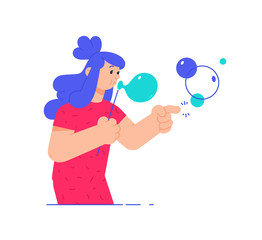 Illustration of a girl with soap bubbles. A woman in a pink dress makes dreams come true. Chatting, metaphor. Women's talk and gossip. Cute girlish look.