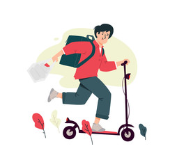 Illustration of a courier guy on an electric scooter. Delivery of goods and products. Youth business male image. Flat style. Mascot for the company. Online order, fast delivery. © ae