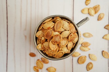 Oven roasted Pumpkin seeds, selectuve focus
