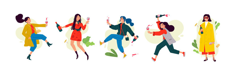 Illustration of dancing girls on Women's Day. Women celebrate the holiday, have fun and relax. Party all night long March 8th. Slightly drunken ladies, without complexes. Flat style.