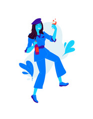Illustrations of a girl with a glass and a bottle of wine. A woman celebrates a holiday, drinks wine. Rest and party. Fun and parties. A slightly drunk lady. Flat style. Image in blue.