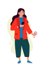 Illustrations of a girl with a glass of wine and a phone. A woman is shopping or surfing on the phone. Rest and party. Chatting with a guy.