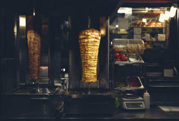 turkish kebab on grill machine in dusk