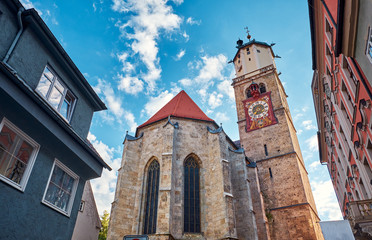 Fototapeta premium St. Martin church with the clock in the old city in Memmingen.