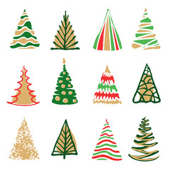 Obraz premium Hand drawn doodle christmas tree set. Red green color sketch style holiday trees. New year vector symbol. Simple artistic line stroke. Many group silhouette decor icons isolated on white background