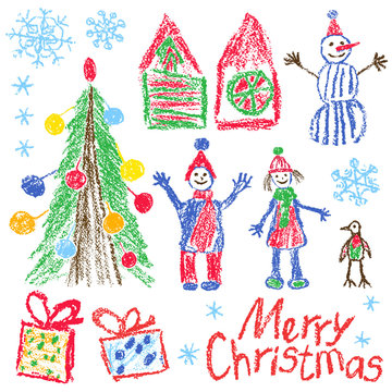 Like child hand drawing christmas knolling style set. Snowman, tree, kid, boy, girl, gift box, snow, hut on white background. Crayon, pastel chalk, pencil kid painting flat funny doodle simple vector