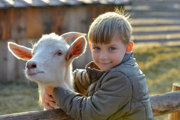 Joyful and happy boy hugs and strokes a horned goat, the concept of the unity of nature and man.