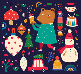 Christmas decorative illustration in vintage style with funny bear and snowman