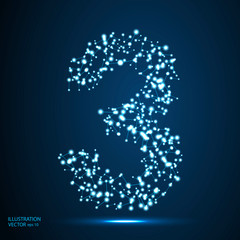 Abstract number three, figure 3, consisting of lines, network, flashes, circles, decay spots, stars, energy, lightning. Vector eps 10.